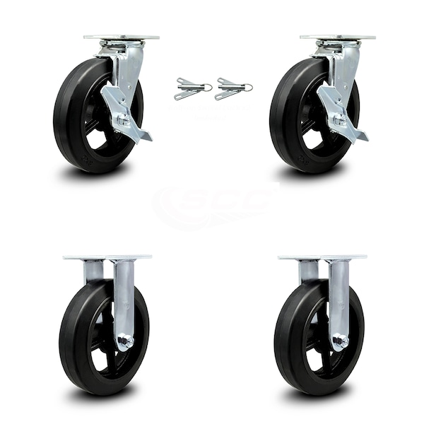 8 Inch Rubber on Steel Caster Set with 2 Brakes/Swivel Lock 2 Rigid SCC